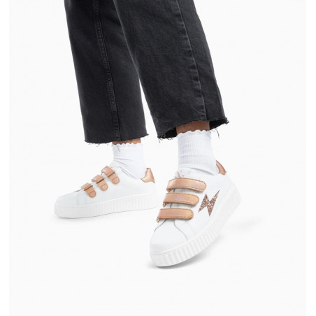 Baskets éclair blanc et rose gold à scratchs - Bonnie - Vanessa Wu