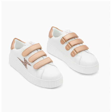 Baskets éclair blanc et rose gold à scratchs - Bonnie - Vanessa Wu