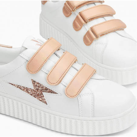 Baskets éclair blanc et rose gold à scratchs - Bonnie - Vanessa Wu