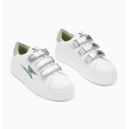 Baskets éclair blanc et vert à scratchs argent - Bonnie - Vanessa Wu