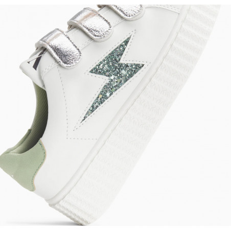 Baskets éclair blanc et vert à scratchs argent - Bonnie - Vanessa Wu