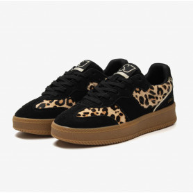 basket cuir recyclé noir et leopard a lacets