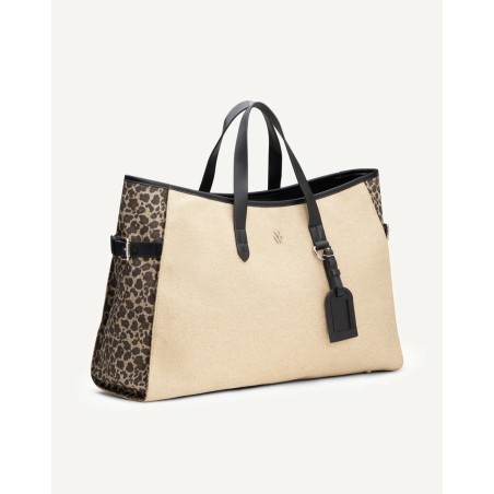 Vue trois quarts du sac Vanessa Wu Bethany Noir avec empiècements léopard latéraux