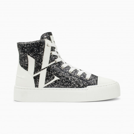 Baskets montantes glitter noir Alix Vanessa Wu avec éclair contrastant et semelle épaisse blanche