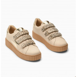 Baskets éclair beige et or et à scratchs guépard- Aby - Vanessa Wu