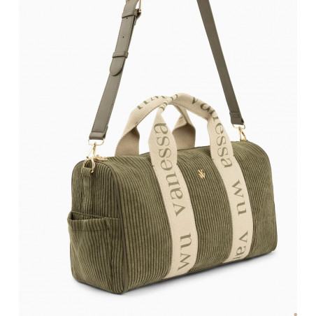 Sac Adrienne kaki en velours côtelé avec anses logotées