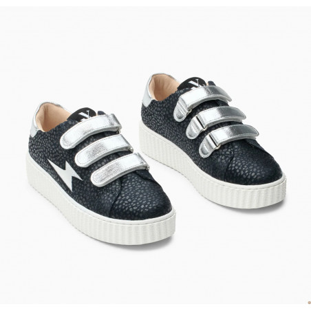 Baskets Sophie Vanessa Wu noires avec brides à scratchs argent et plateforme blanche