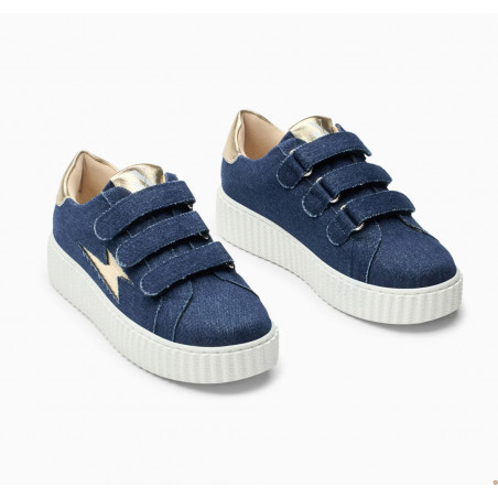 Baskets éclair denim et or à scratchs - Irène - Vanessa Wu