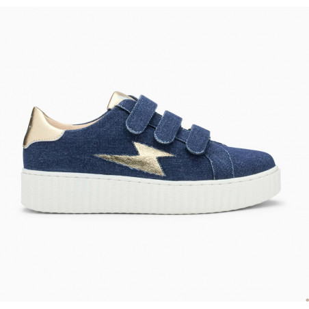Baskets éclair denim et or à scratchs - Irène - Vanessa Wu