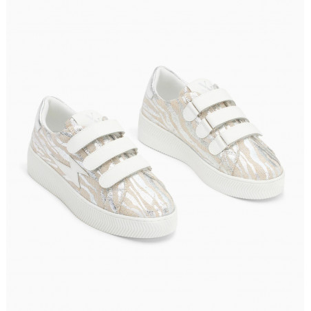 Baskets éclair beige et argent zébré à scratchs -  Laurine  - Vanessa Wu