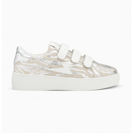 Baskets éclair beige et argent zébré à scratchs -  Laurine  - Vanessa Wu